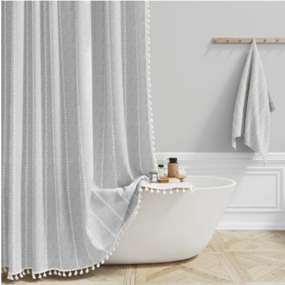 Boho Linen Shower Curtain Gray Extra Long Embroidered Tassels 73 x 96 Farmhouse - Picture 15 of 15